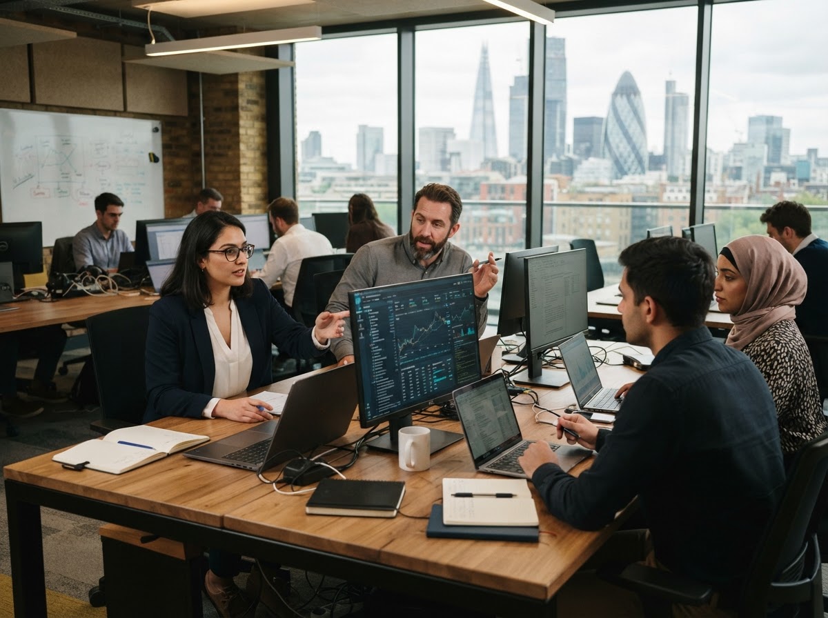 Frost Coinex engineering team reviewing model output on a data analysis dashboard
